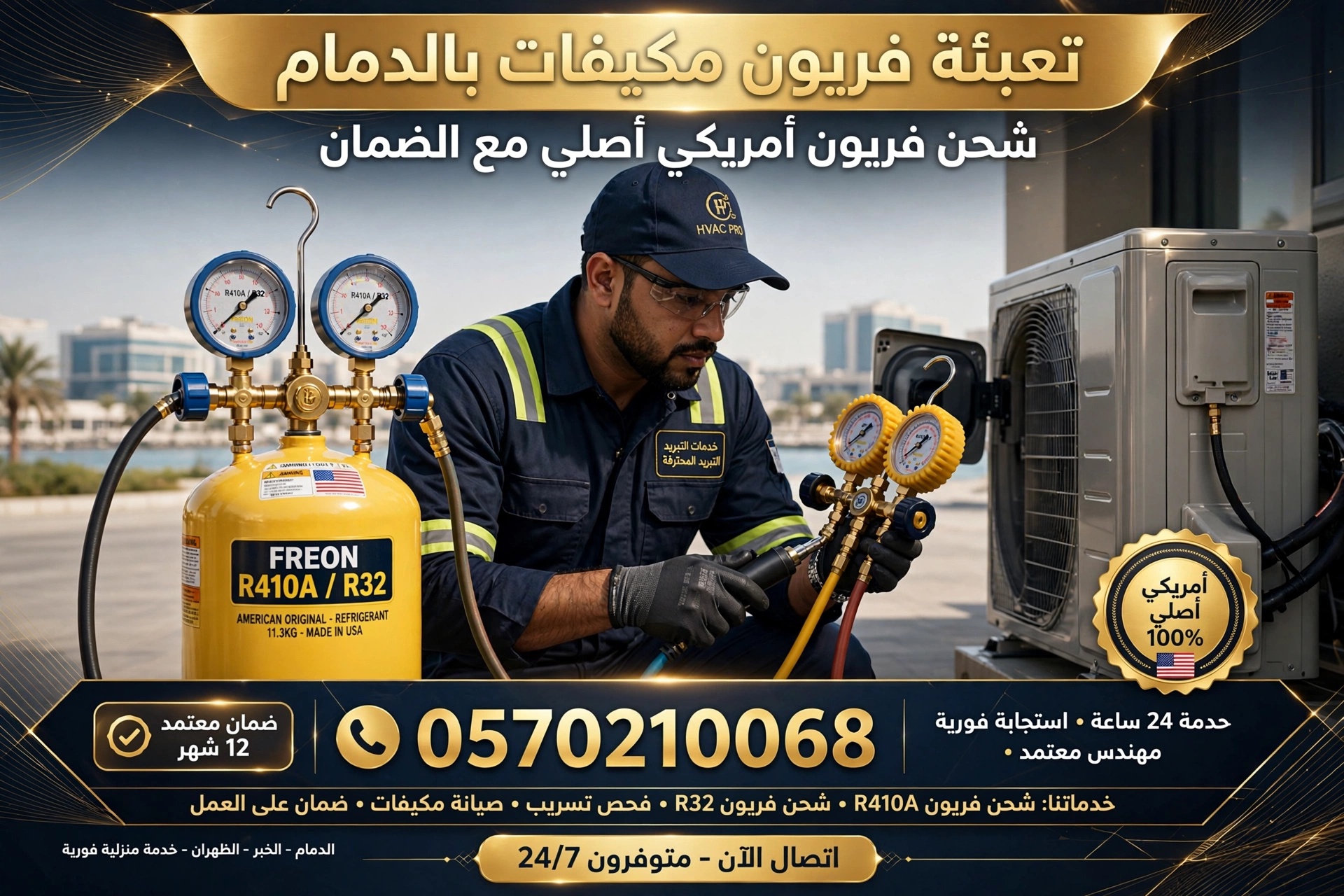 تعبئة فريون مكيفات بالدمام 0570210068 | شحن فريون أمريكي أصلي مع الضمان