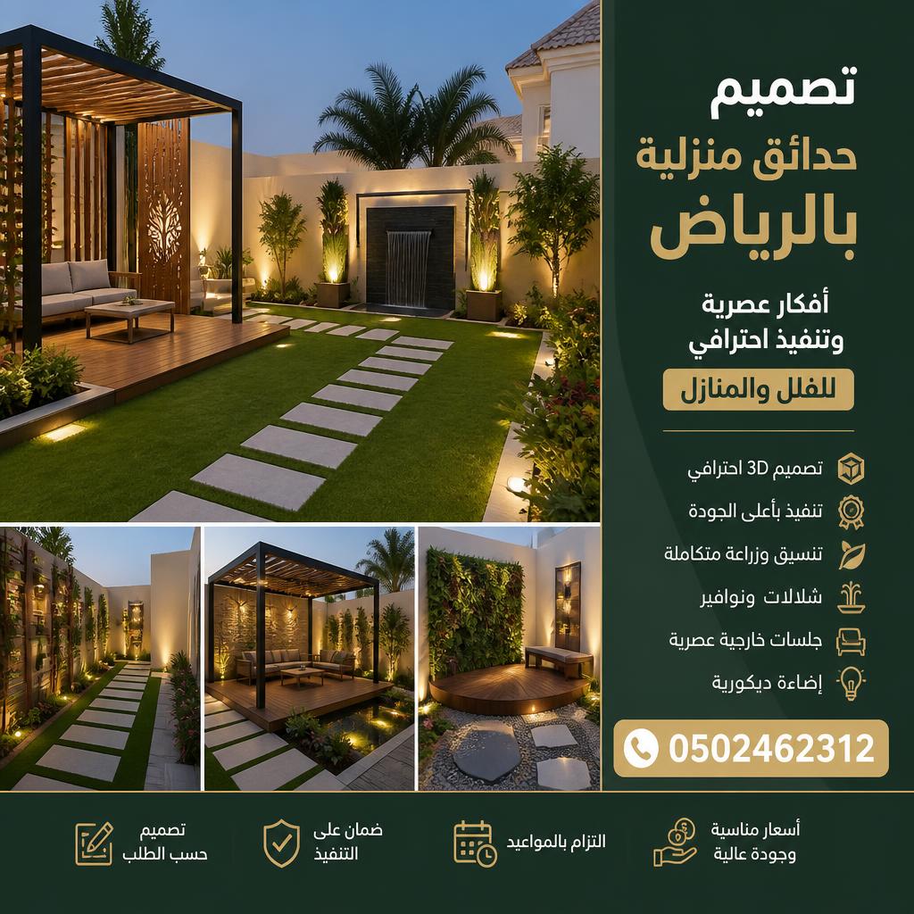 تصميم حدائق منزلية بالرياض 0502462312 أفكار عصرية وتنفيذ احترافي للفلل والمنازل
