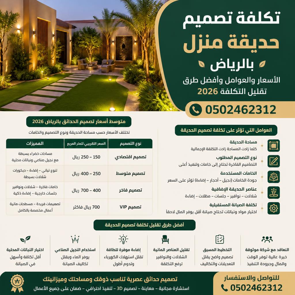 تكلفة تصميم حديقة منزل بالرياض 0502462312 الأسعار والعوامل وأفضل طرق تقليل التكلفة 2026