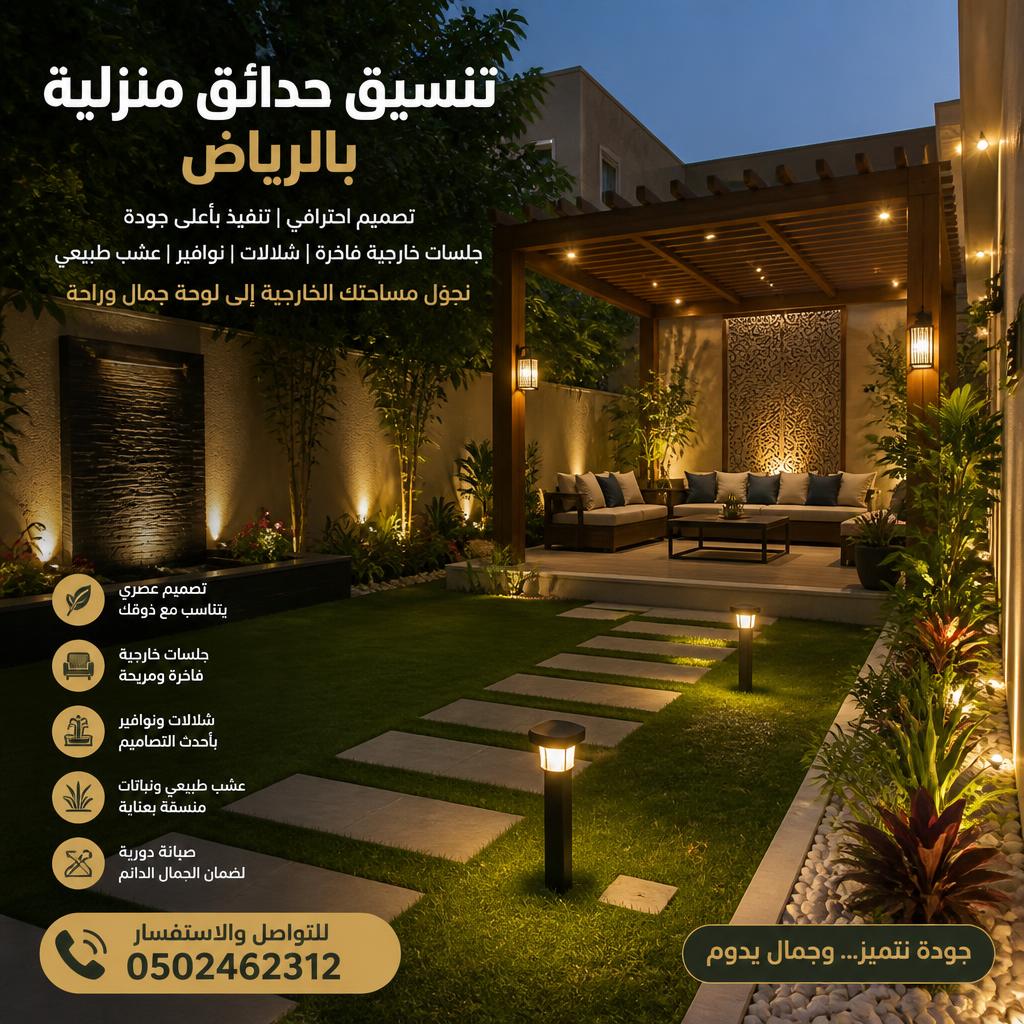 تنسيق حدائق منزلية بالرياض | تصميم احترافي وجلسات خارجية فاخرة 0502462312