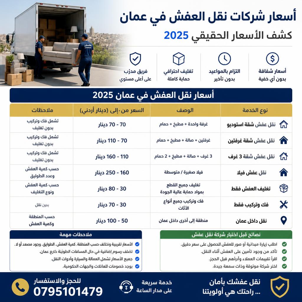 أسعار شركات نقل العفش في عمان 0795101479 – كشف الأسعار الحقيقي 2025