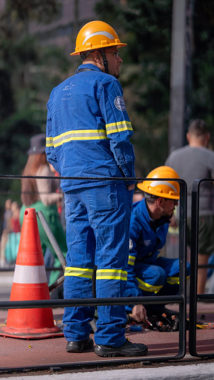Workers in protective gear at a construction site ensuring safety and teamwork.